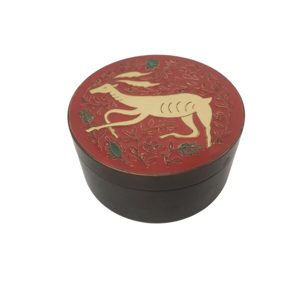 Vintage Christmas Brass Enamel Cloisonne Trinket Stash Box Intricate Deer Design - Picture 1 of 7
